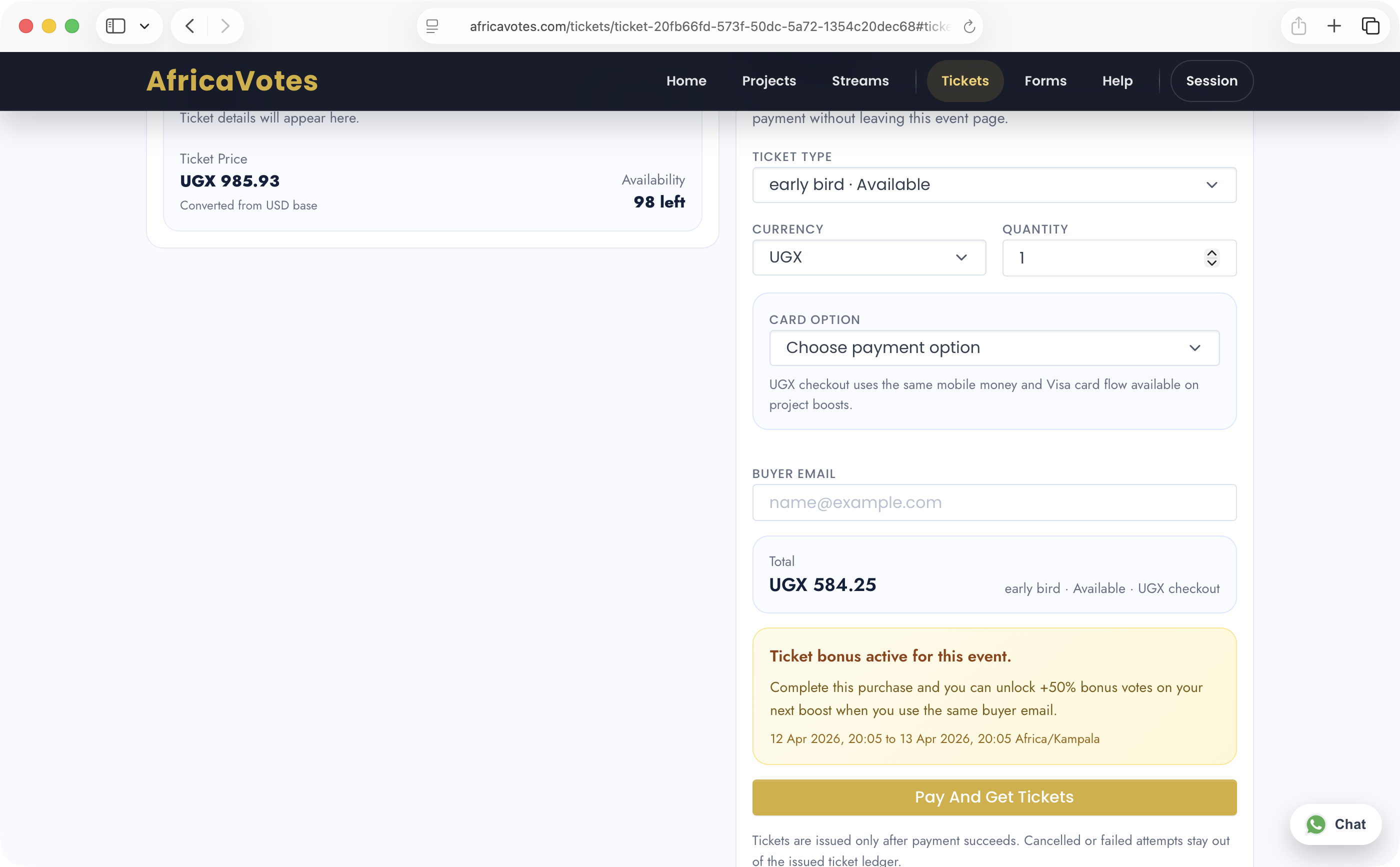 AfricaVotes ticket checkout section