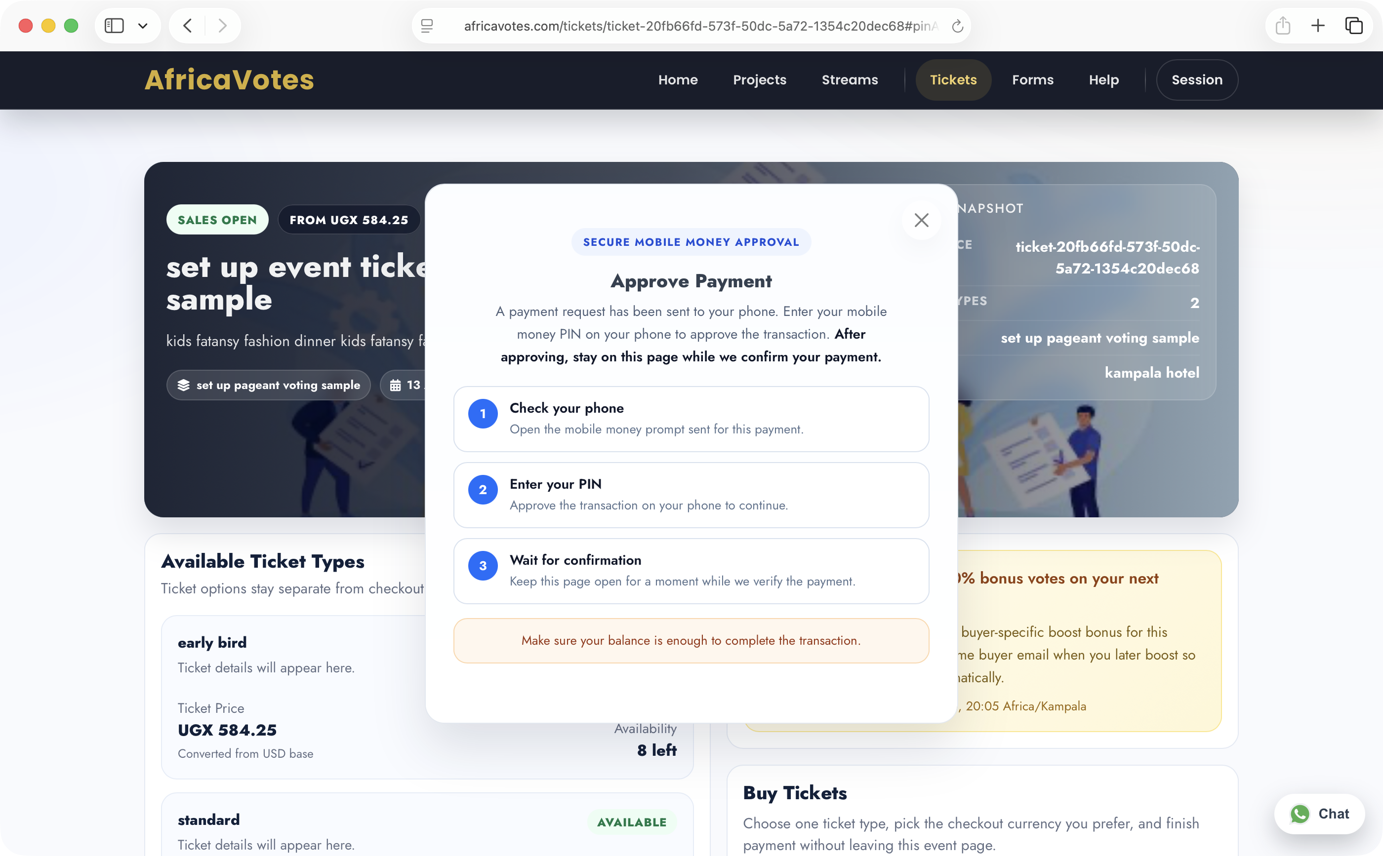 AfricaVotes ticket payment approval modal